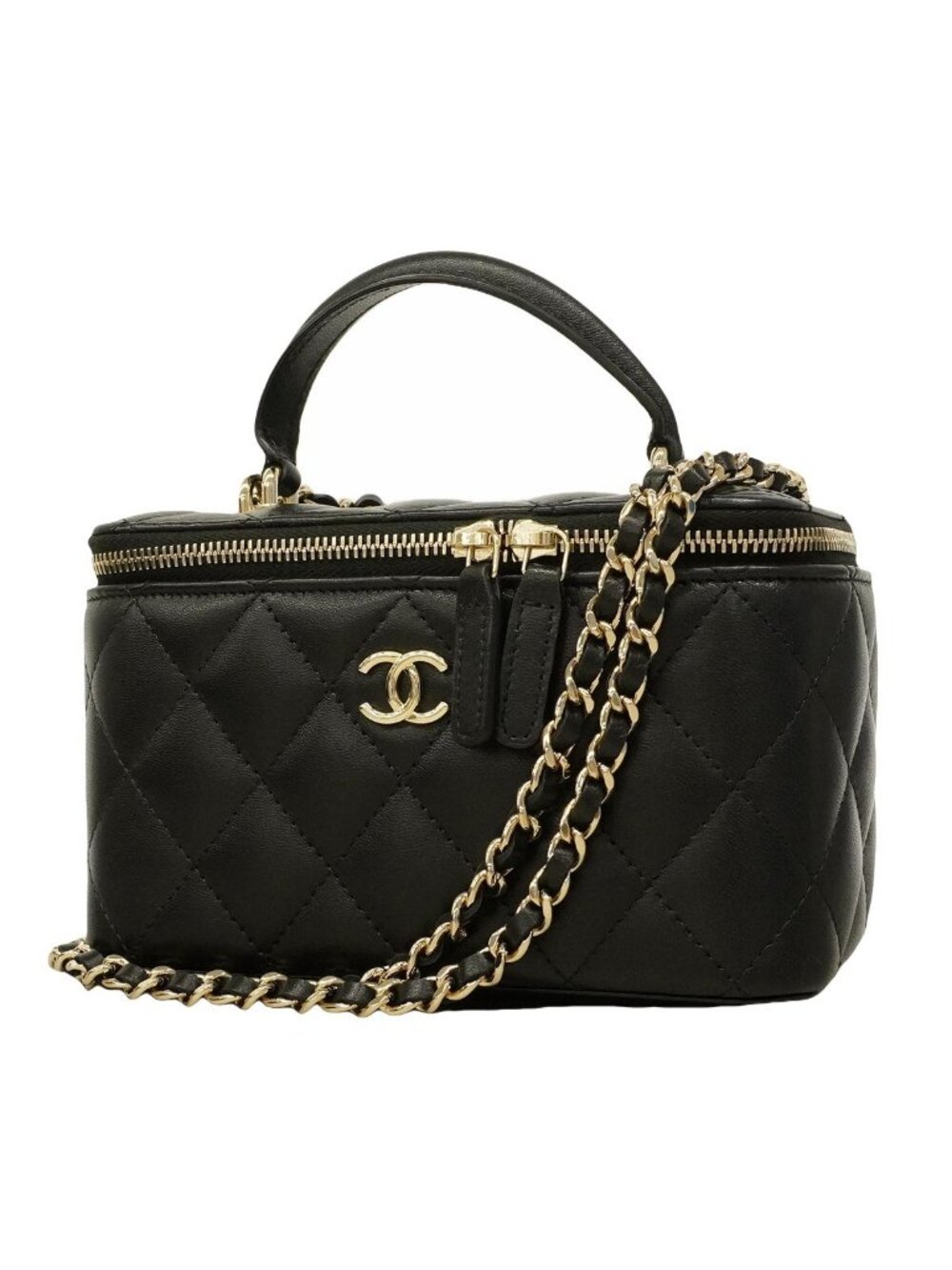 Chanel Vanity Bag Quilted Lambskin Black Chien Panning Gold 2-Way